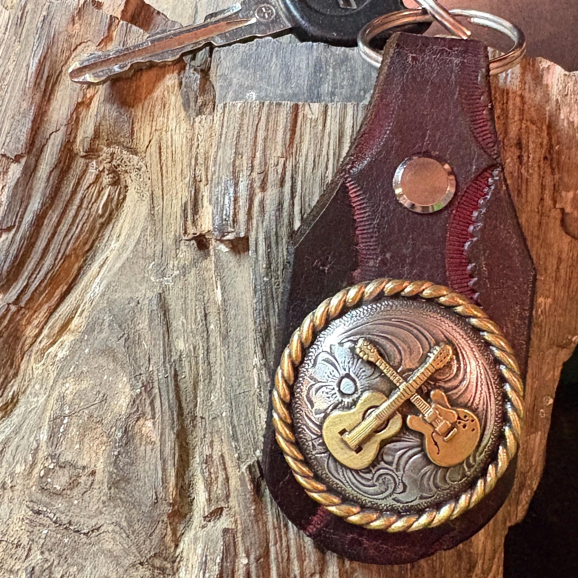 Handmade Tooled Leather Guitar Keychain: Burgundy, Brown, Western Style Fob