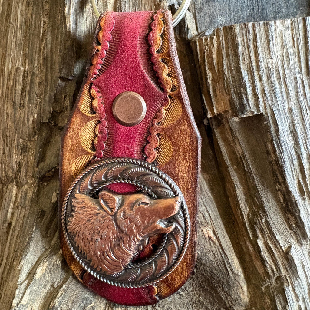 Handmade Leather Wolf Keychain: Howling Wolf Concho, Antique Copper