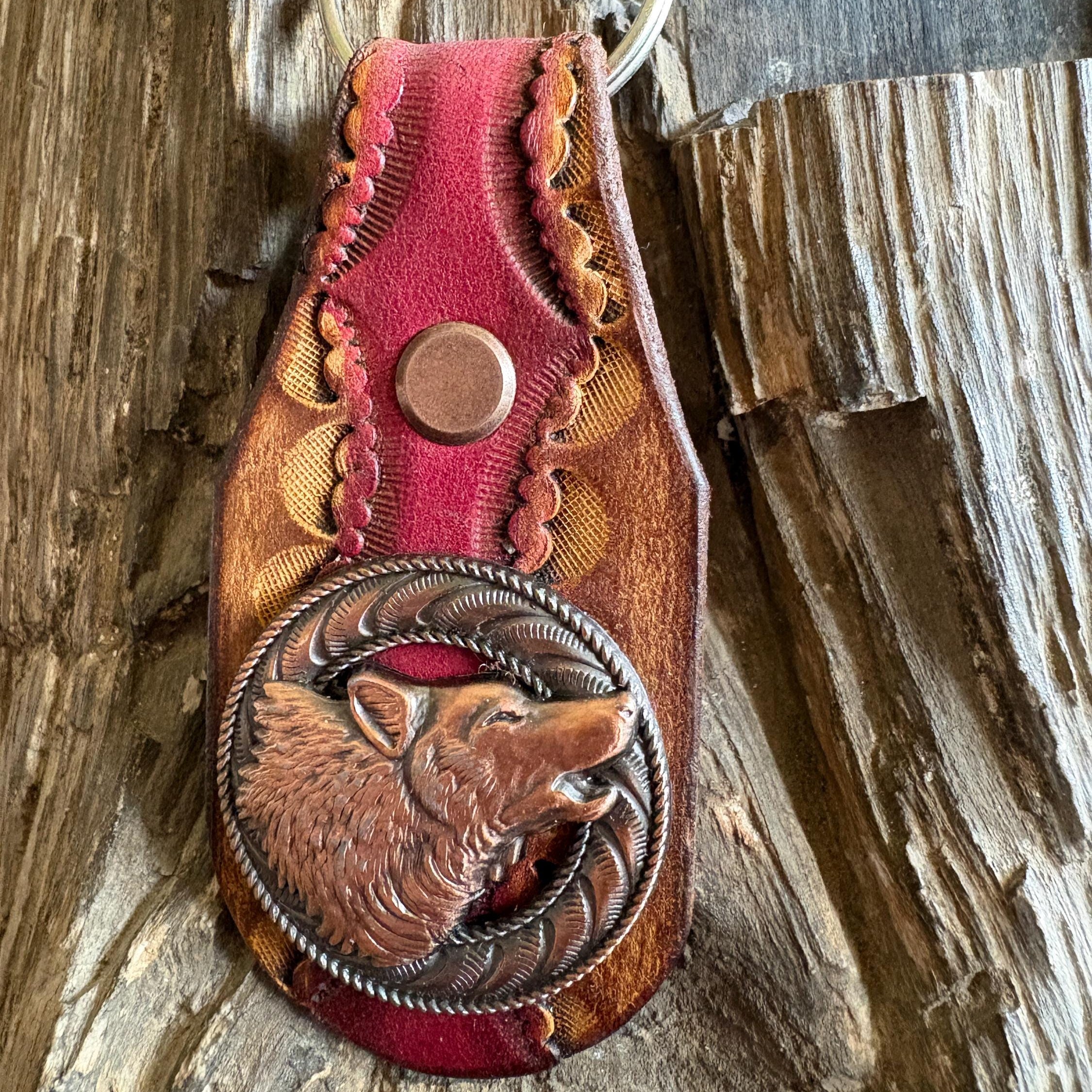 Handmade Leather Wolf Keychain: Howling Wolf Concho, Antique Copper