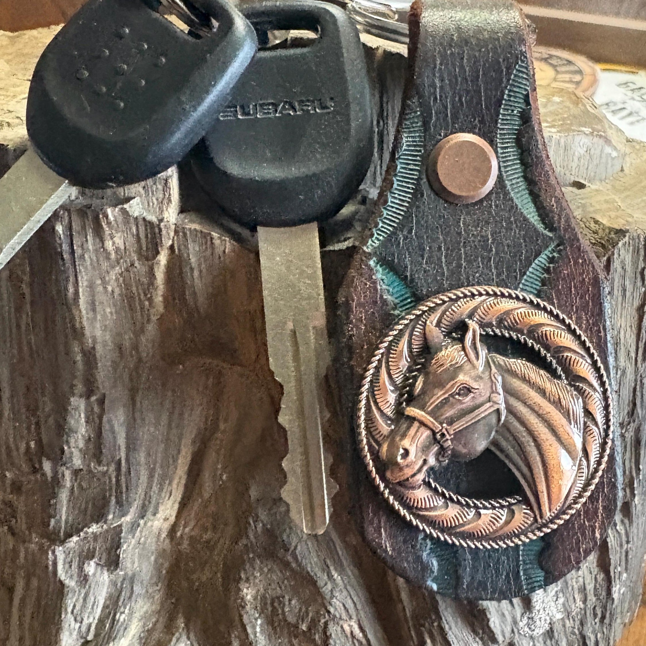 Horse Keychain: Handmade Leather Key Fob, Copper, Bronco, Mare, Concho