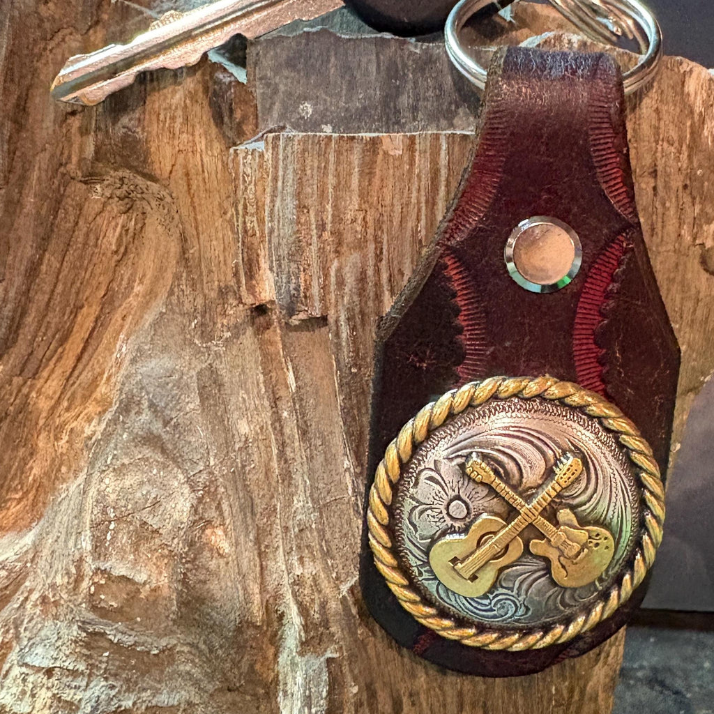 Handmade Tooled Leather Guitar Keychain: Burgundy, Brown, Western Style Fob