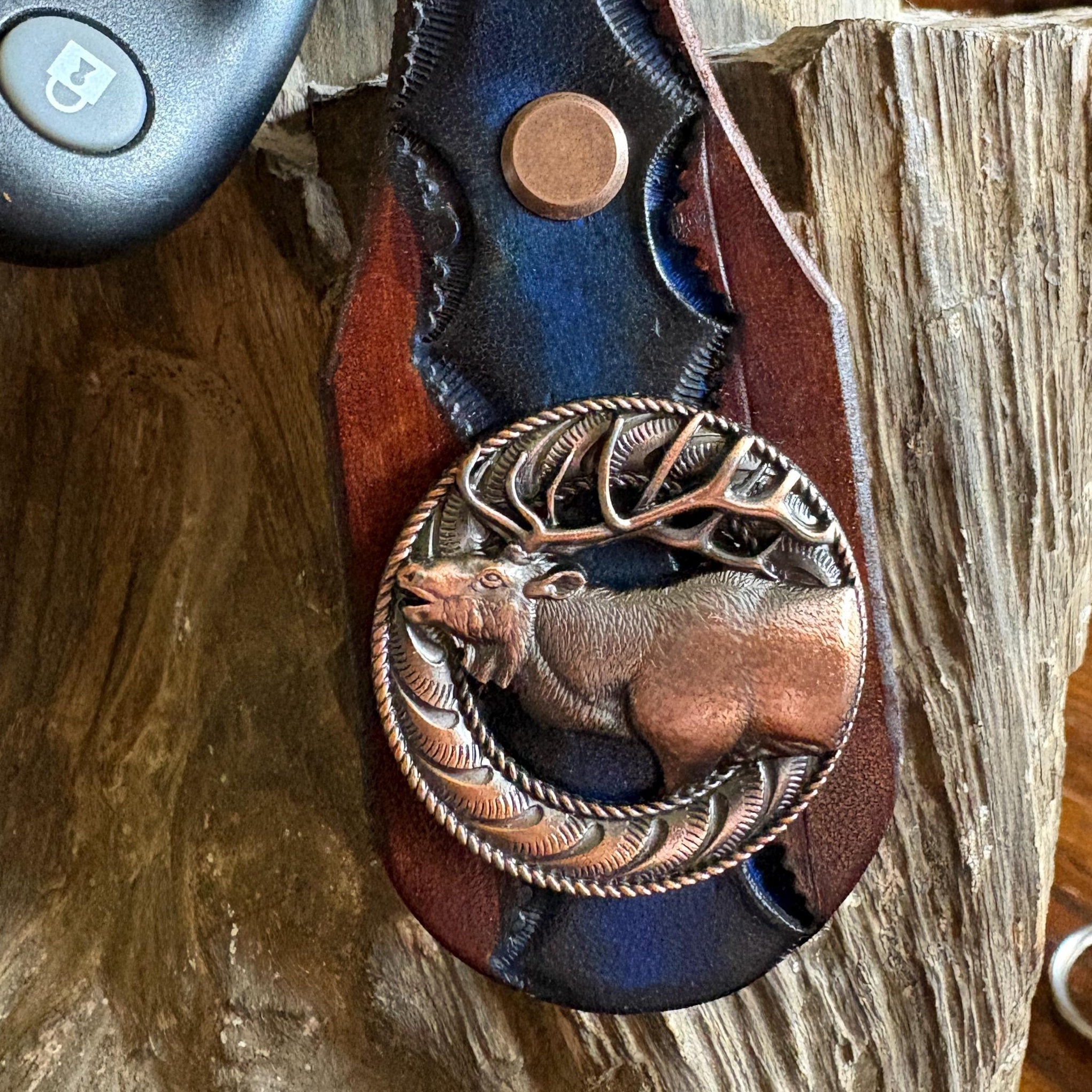 Leather Elk Keychain: Hand Tooled Leather Key Fob, Copper Elk Concho, Western Style
