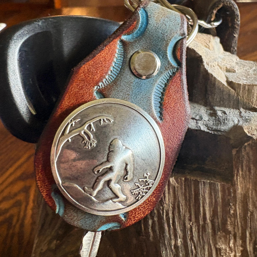 Sasquatch Handmade Leather Keychain: Tooled Bigfoot Accessory Brown and Turquoise