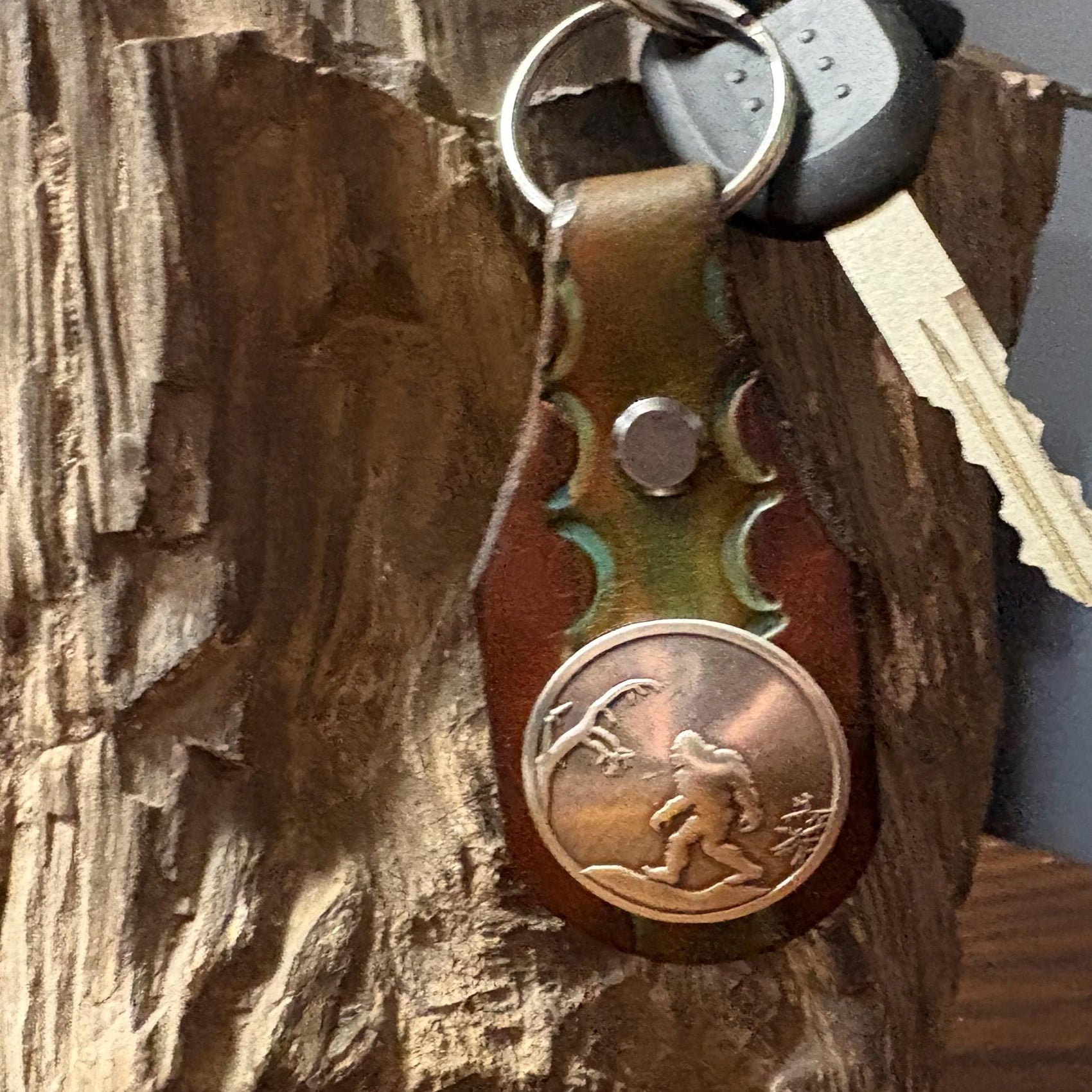 Bigfoot Keychain: Handmade Hand Tooled Sasquatch Leather Key Fob