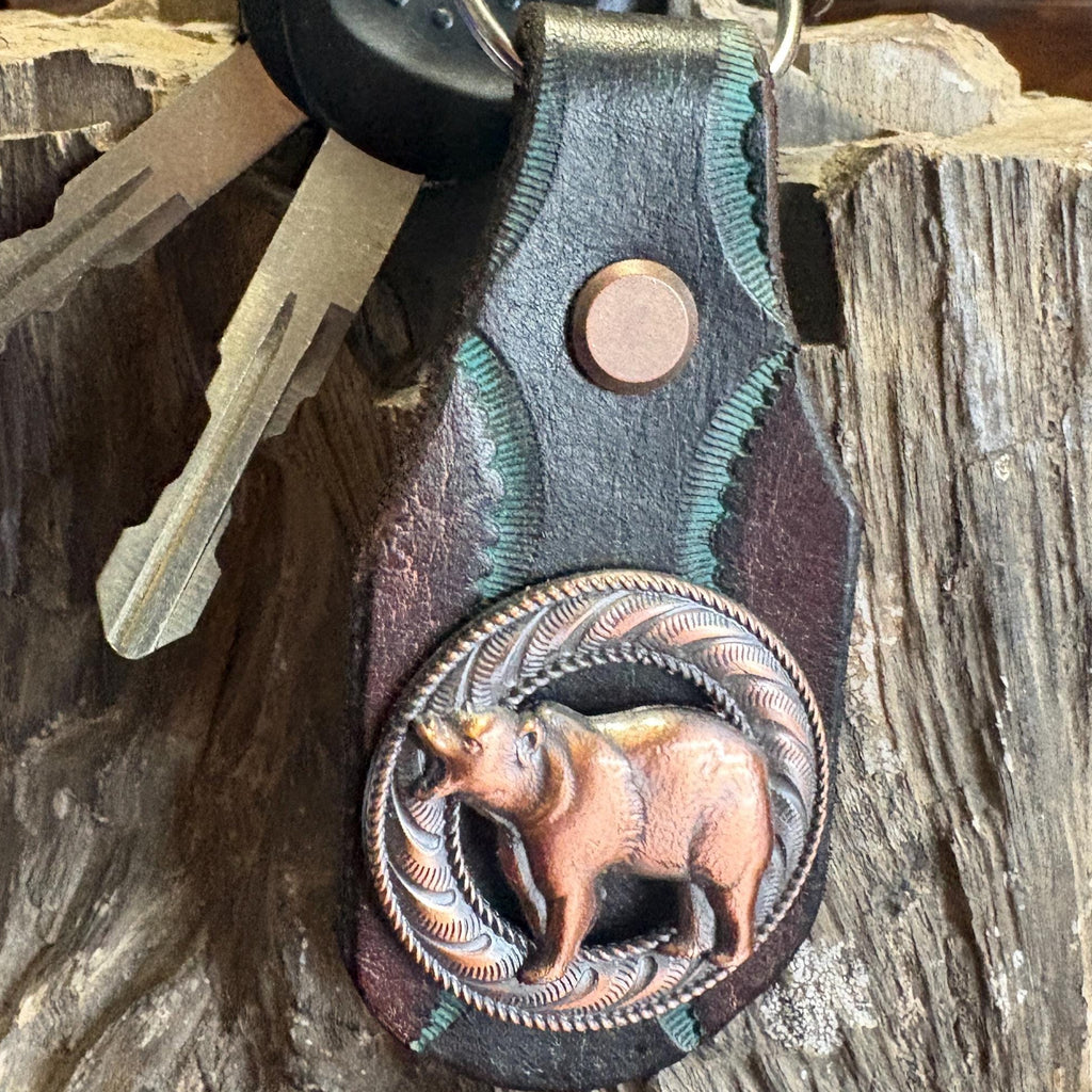 Bear Keychain, Grizzly Key Fob, Handmade Tooled Leather, Western Style