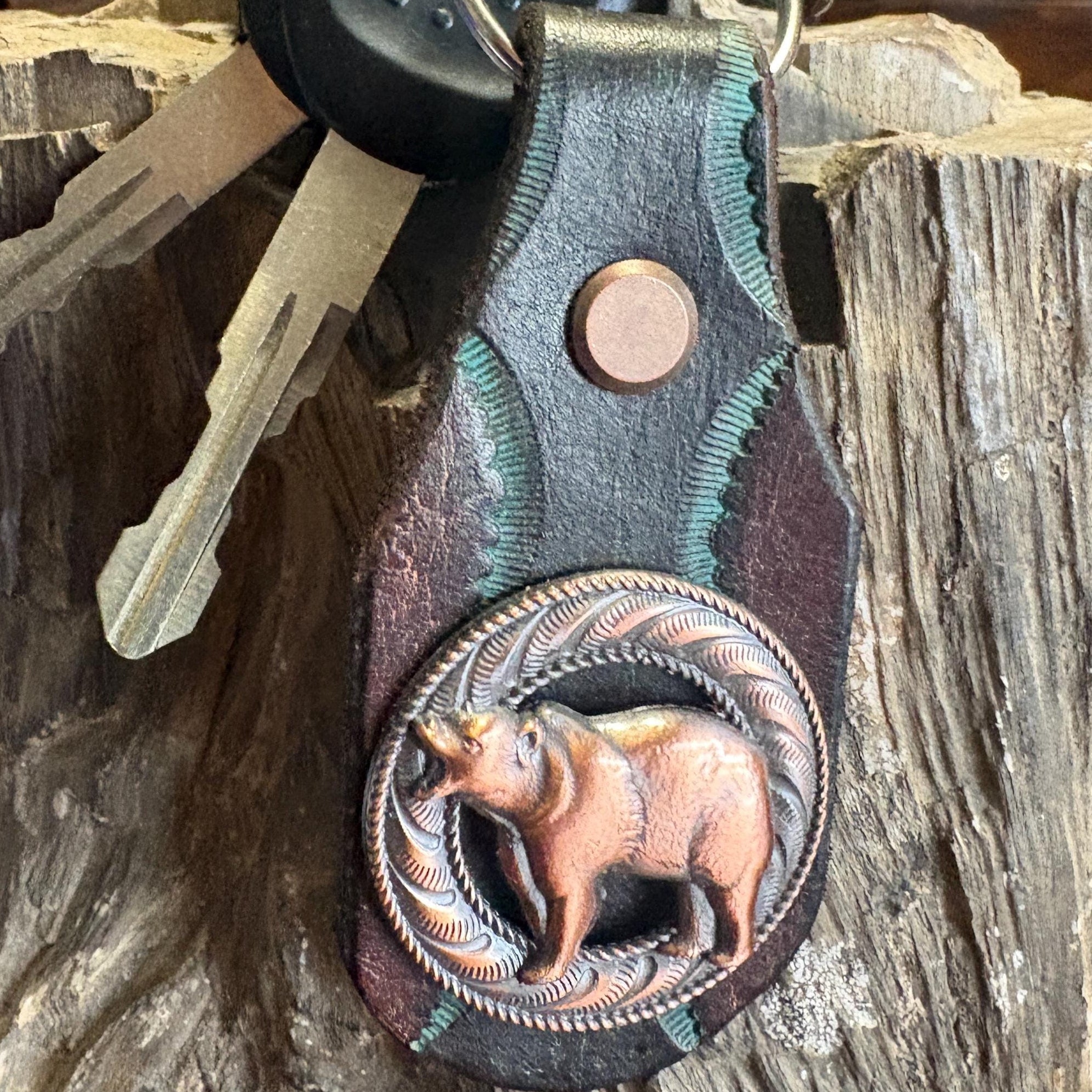 Bear Keychain, Grizzly Key Fob, Handmade Tooled Leather, Western Style