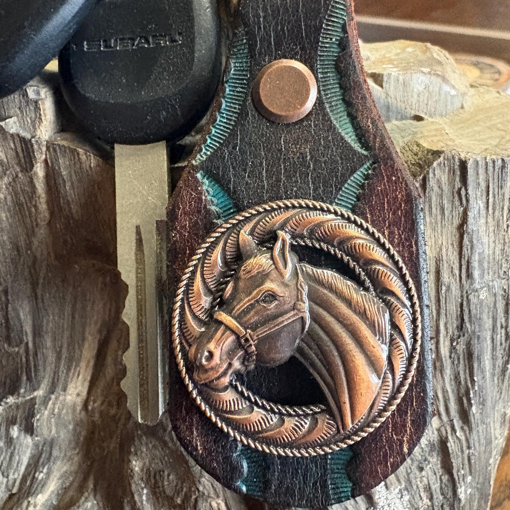 Horse Keychain: Handmade Leather Key Fob, Copper, Bronco, Mare, Concho