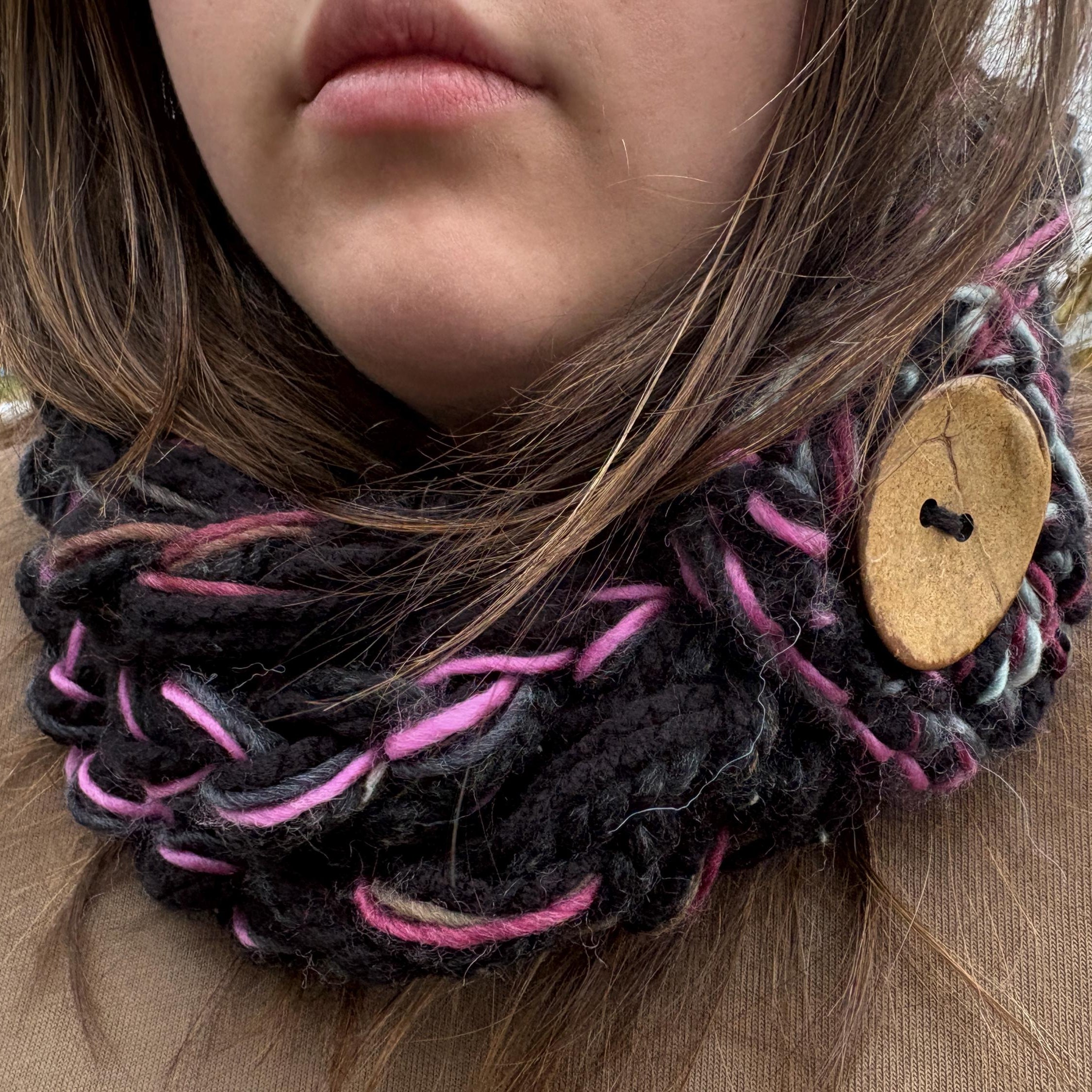 Black Button Infinity Scarf, Hot Pink Grey Blend Chunky Knit, Boho Rope Scarf