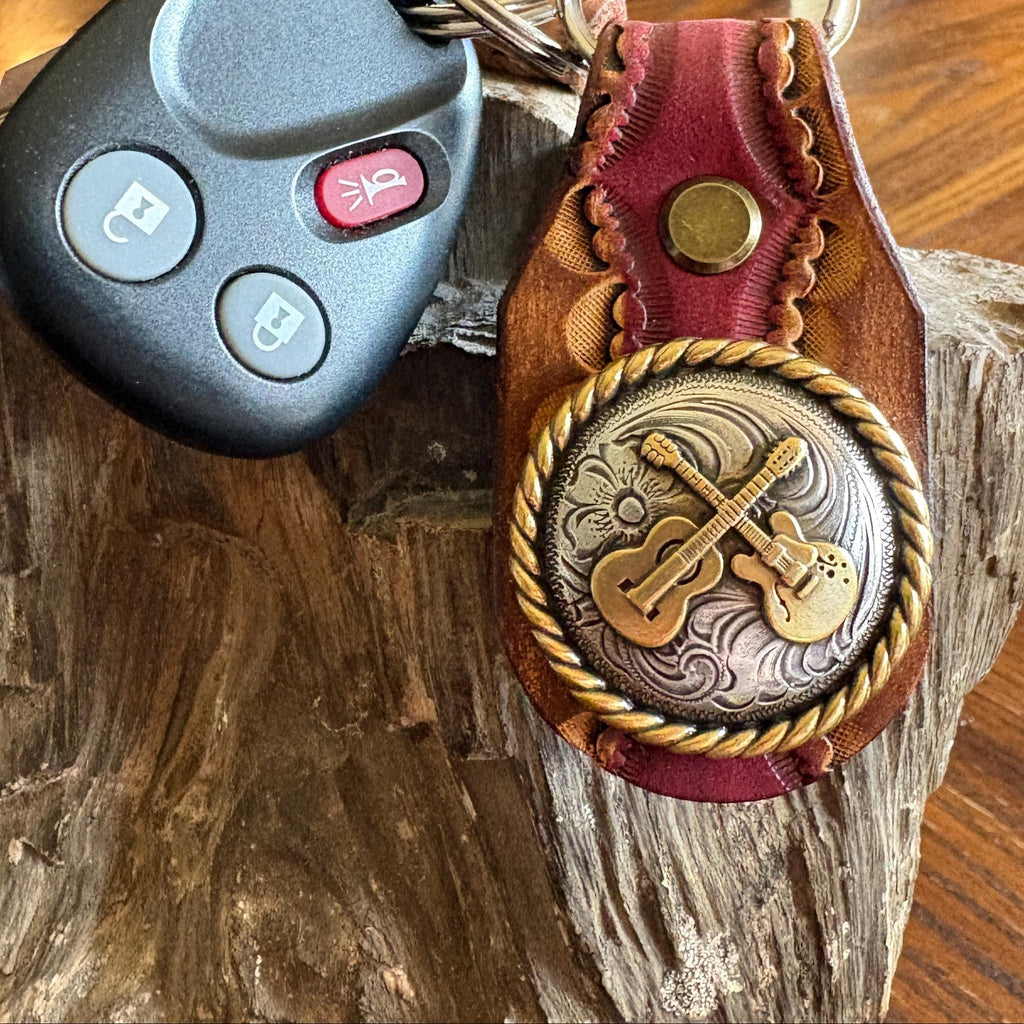 Guitar Keychain: Handmade Leather Cowhide Western Style Fob