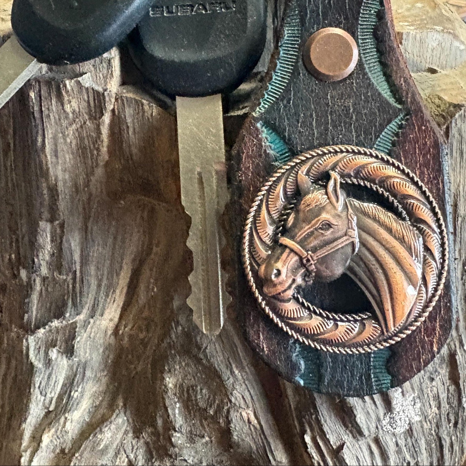 Horse Keychain: Handmade Leather Key Fob, Copper, Bronco, Mare, Concho