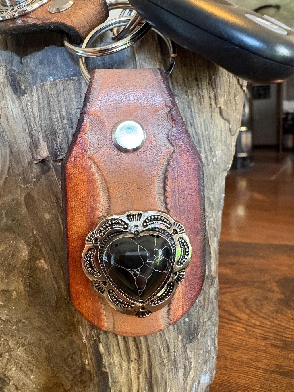 Heart keychain, handmade leather key fob, gift for her, concho, Black Stone