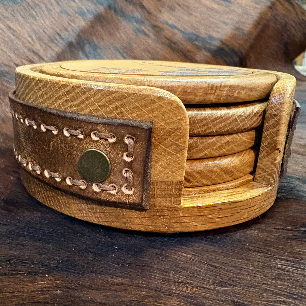 Handmade Rustic Oak & Leather Coaster Set, 4 Pieces