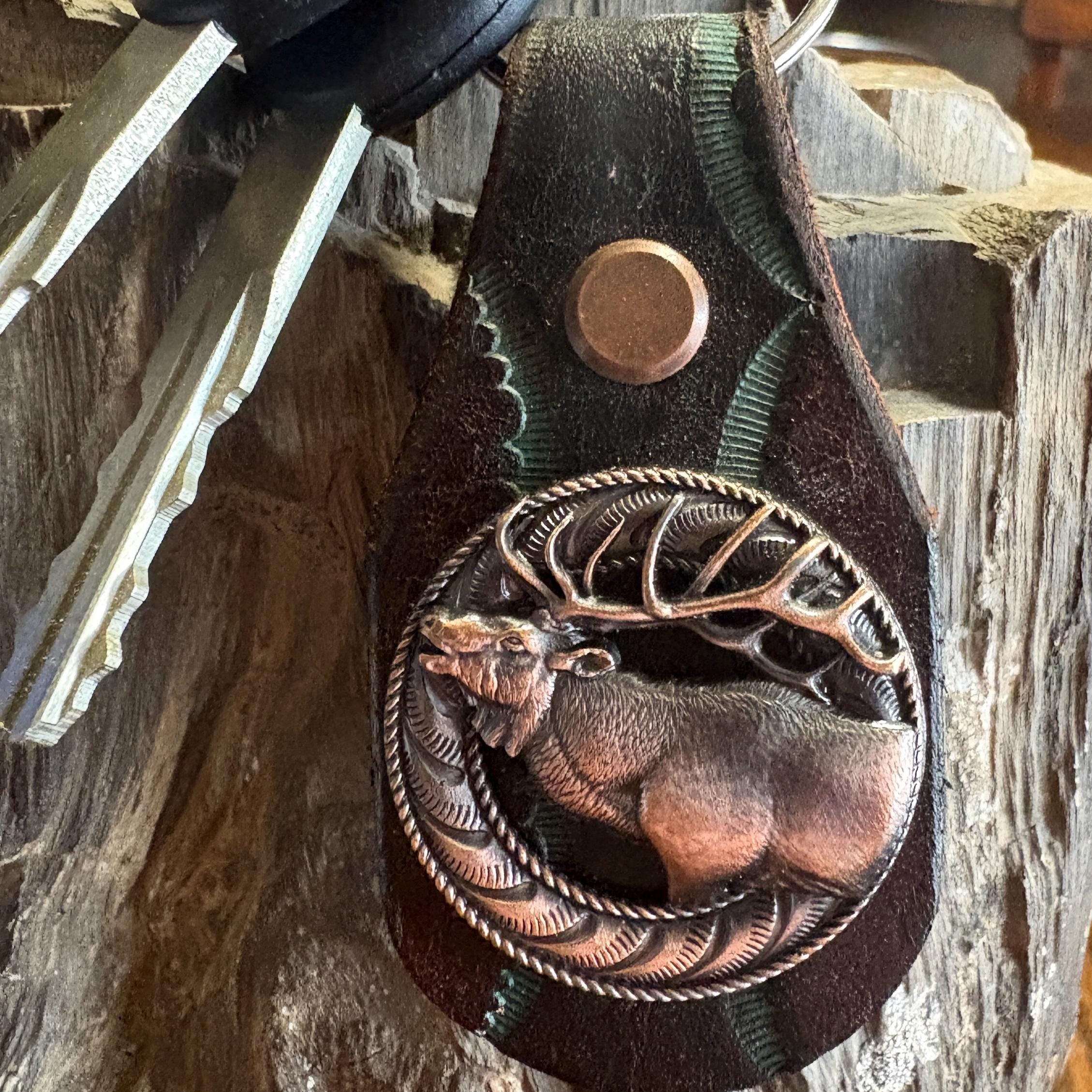 Elk Keychain: Handmade Tooled Leather, Copper Concho, Western Style, Stagg