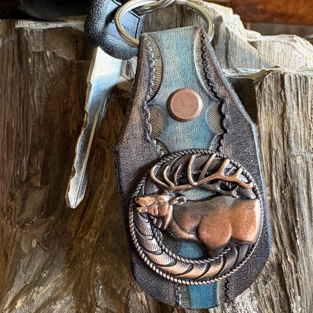 Elk Keychain: Handmade Leather Wildlife Key Fob, Copper Concho, Western Style