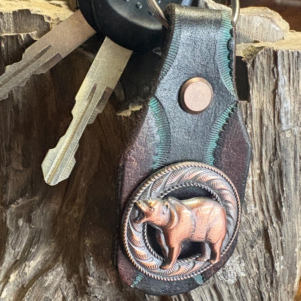 Bear Keychain, Grizzly Key Fob, Handmade Tooled Leather, Western Style