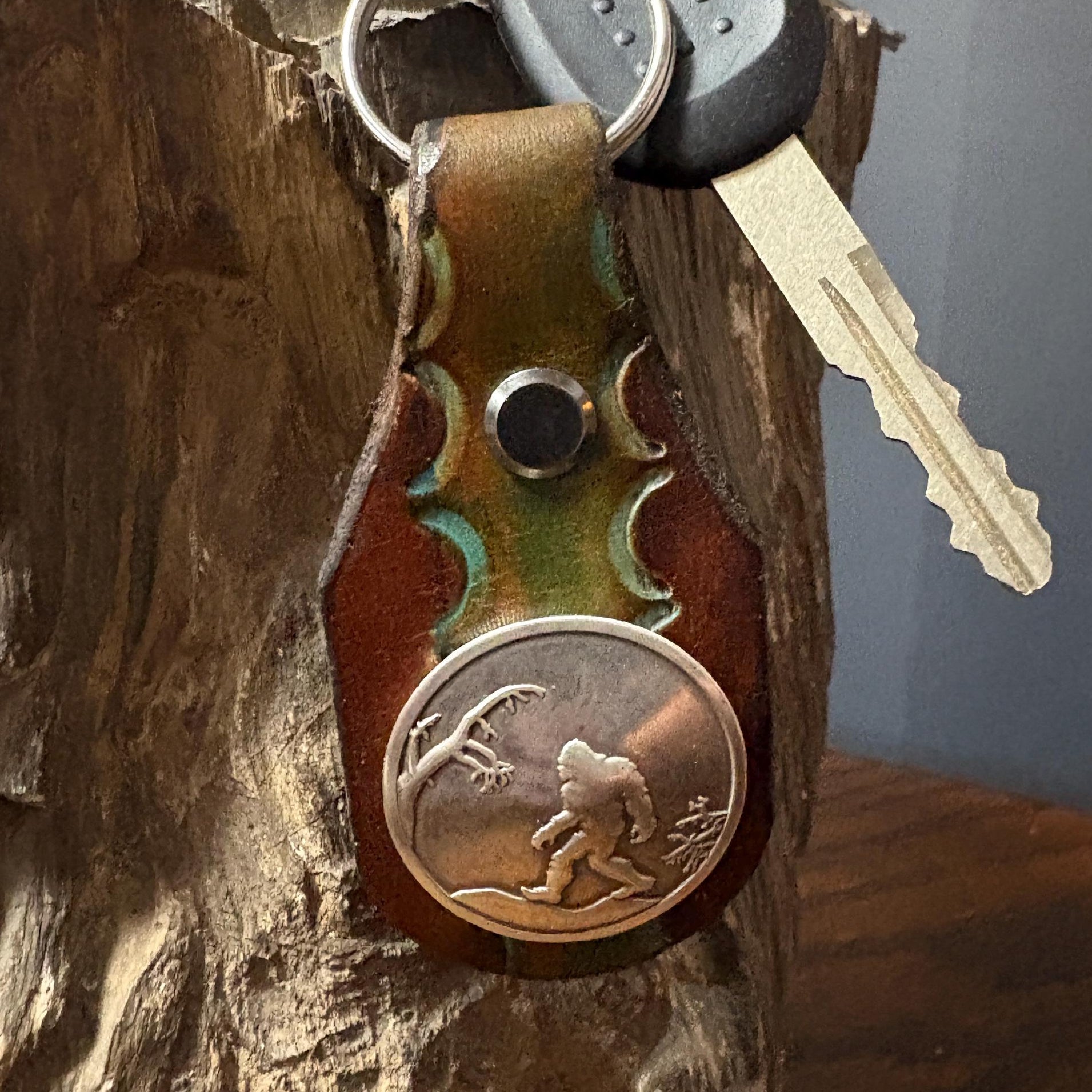 Bigfoot Keychain: Handmade Hand Tooled Sasquatch Leather Key Fob