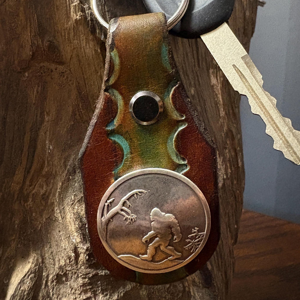 Bigfoot Keychain: Handmade Hand Tooled Sasquatch Leather Key Fob