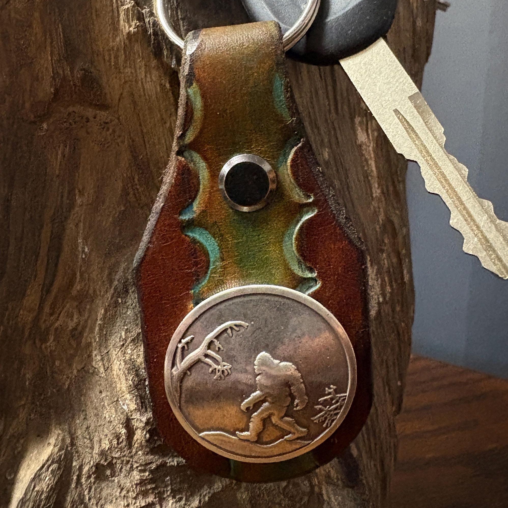 Bigfoot Keychain: Handmade Hand Tooled Sasquatch Leather Key Fob