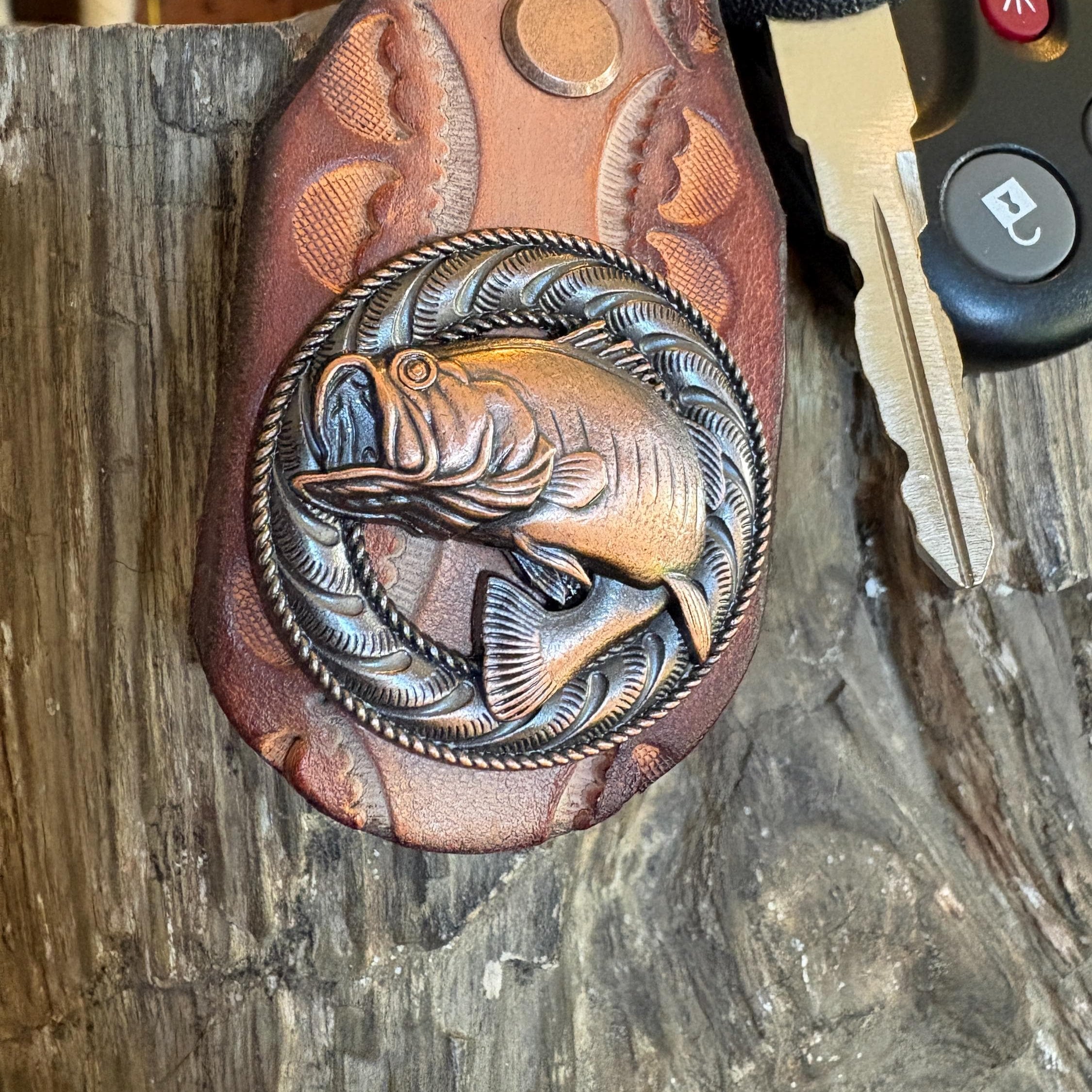 Handmade Brown Leather Fishing Keychain, Large Mouth Bass, Bass Fishing Gift