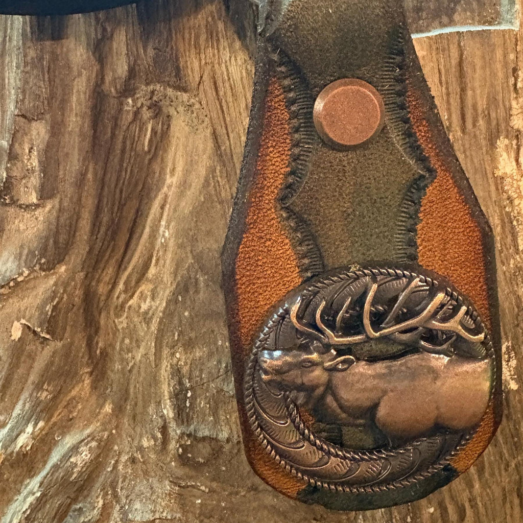 Elk Keychain: Handmade Tooled Leather, Copper Concho, Western Style, Stagg