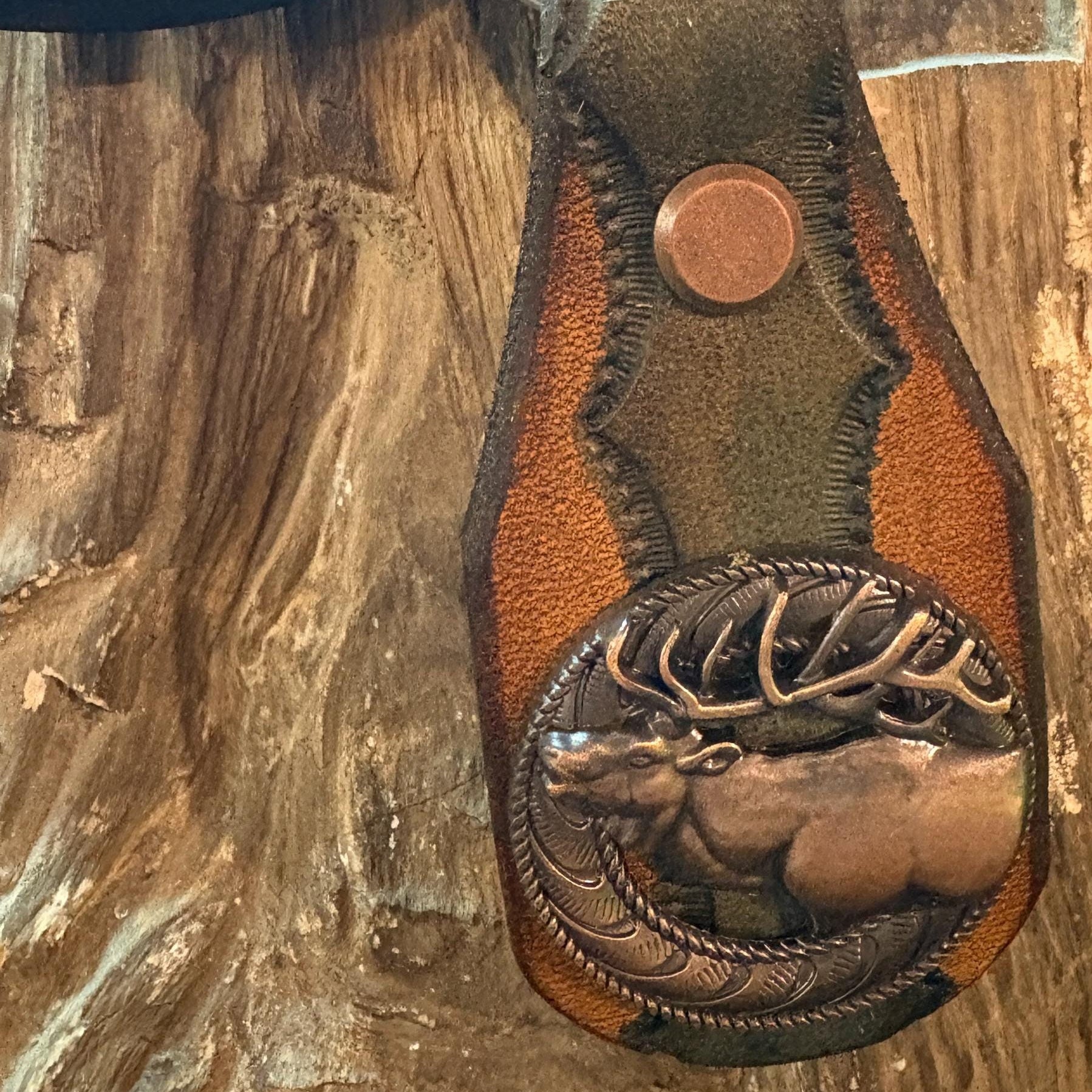 Elk Keychain: Handmade Tooled Leather, Copper Concho, Western Style, Stagg