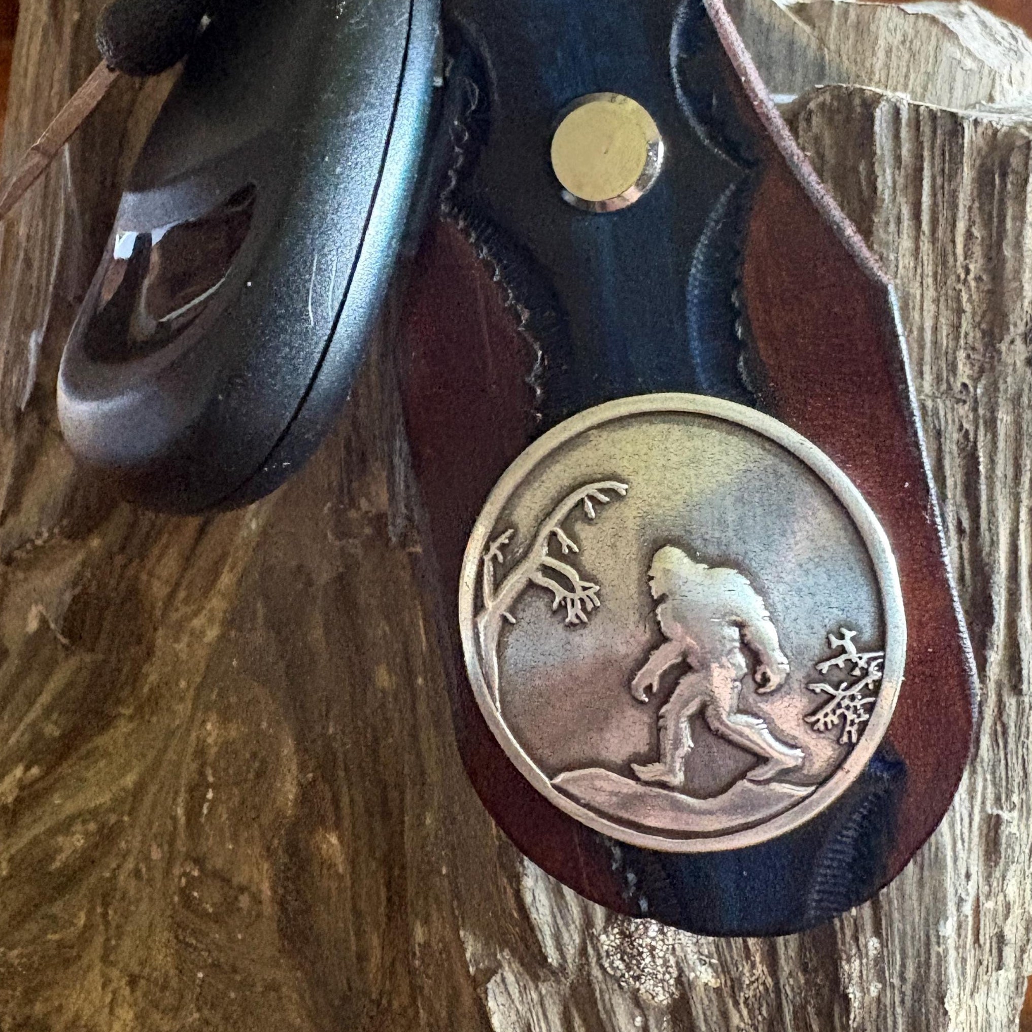 Sasquatch Handmade Leather Keychain: Tooled Bigfoot Accessory Brown and Blue