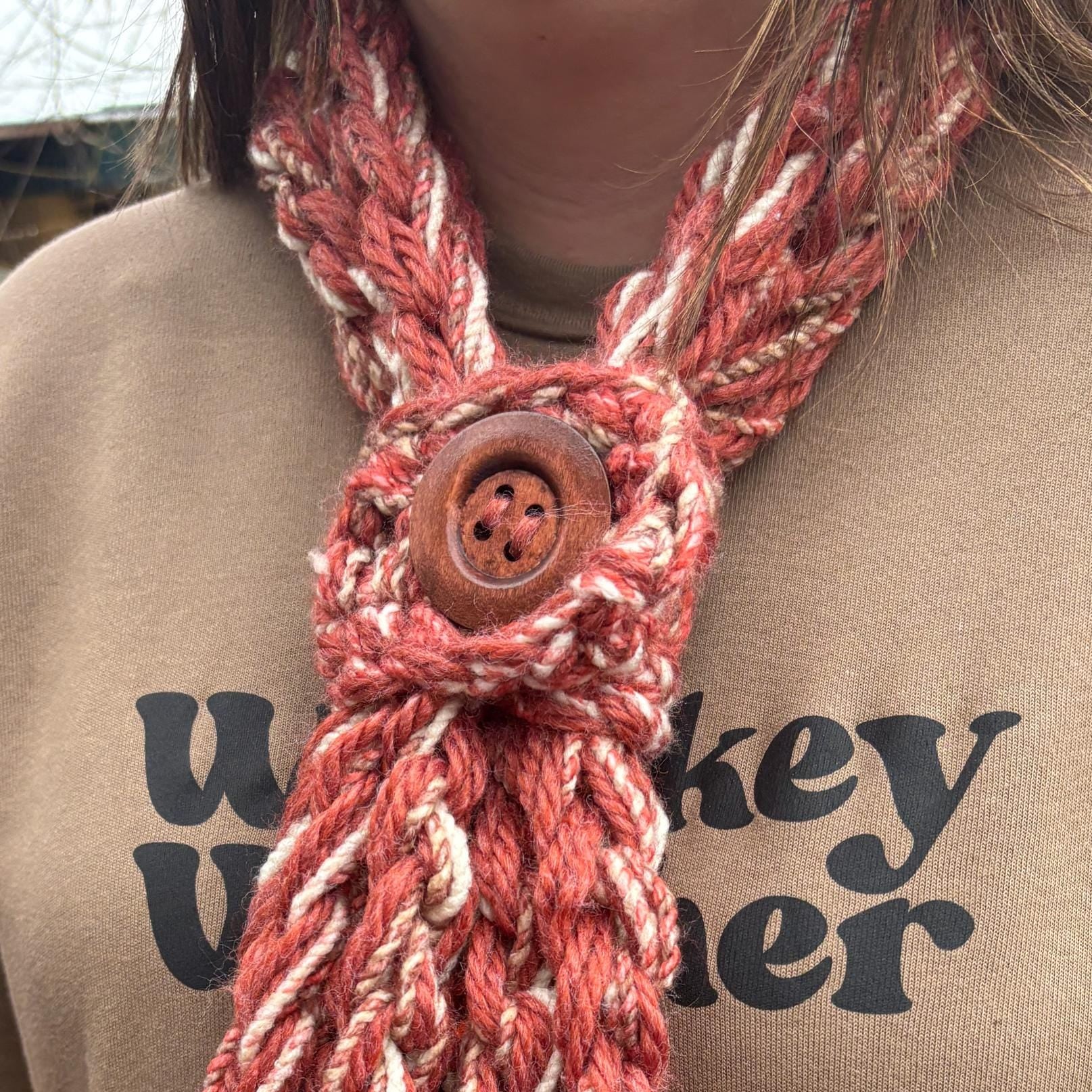 Burnt orange button scarf: beige and rust adjustable snood cowl