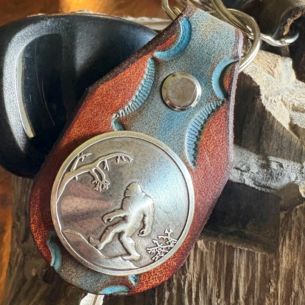 Sasquatch Handmade Leather Keychain: Tooled Bigfoot Accessory Brown and Turquoise