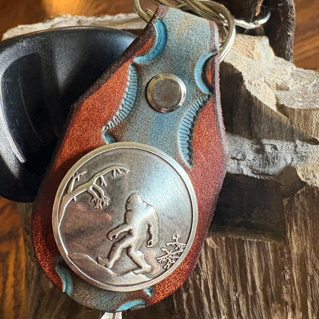 Sasquatch Handmade Leather Keychain: Tooled Bigfoot Accessory Brown and Turquoise