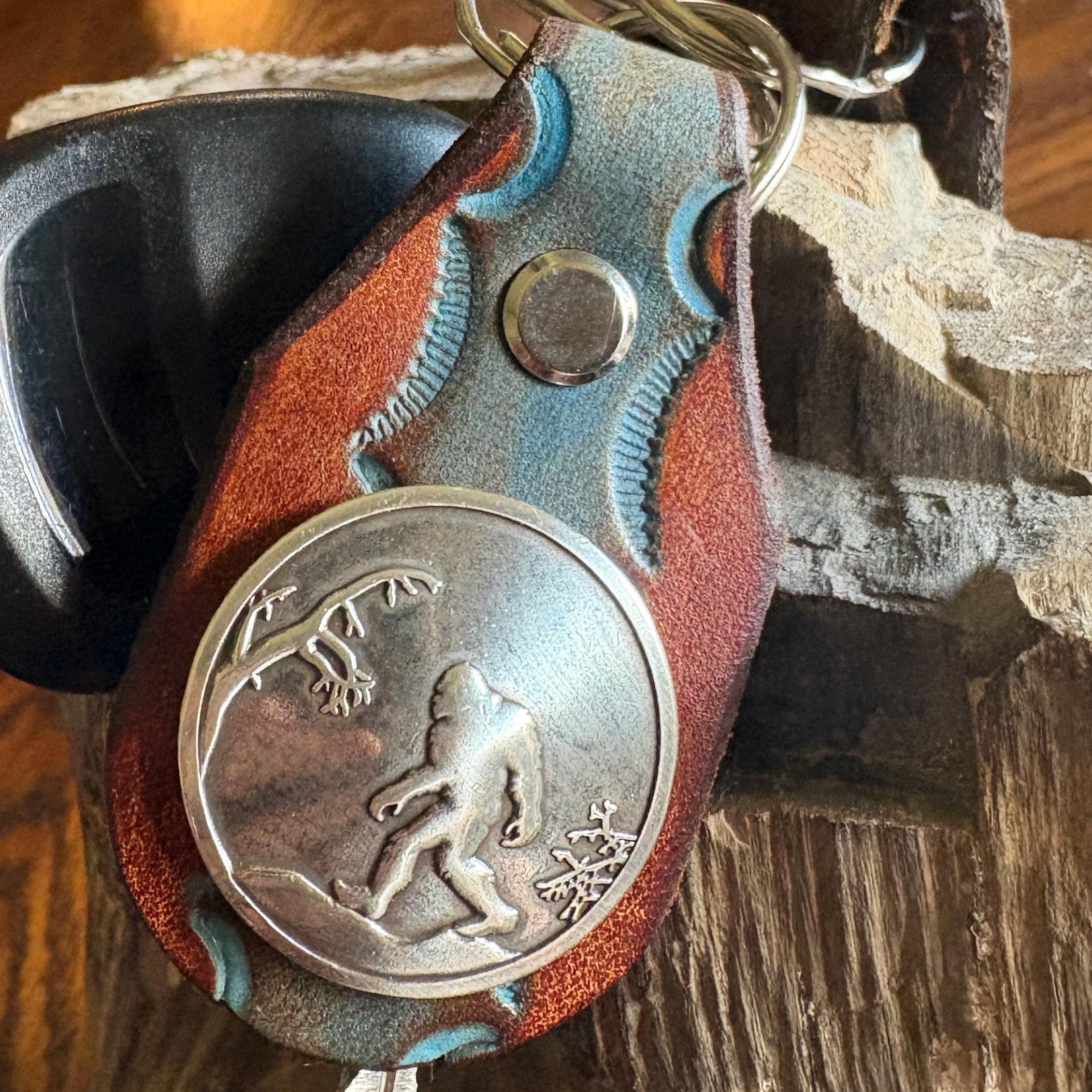 Sasquatch Handmade Leather Keychain: Tooled Bigfoot Accessory Brown and Turquoise