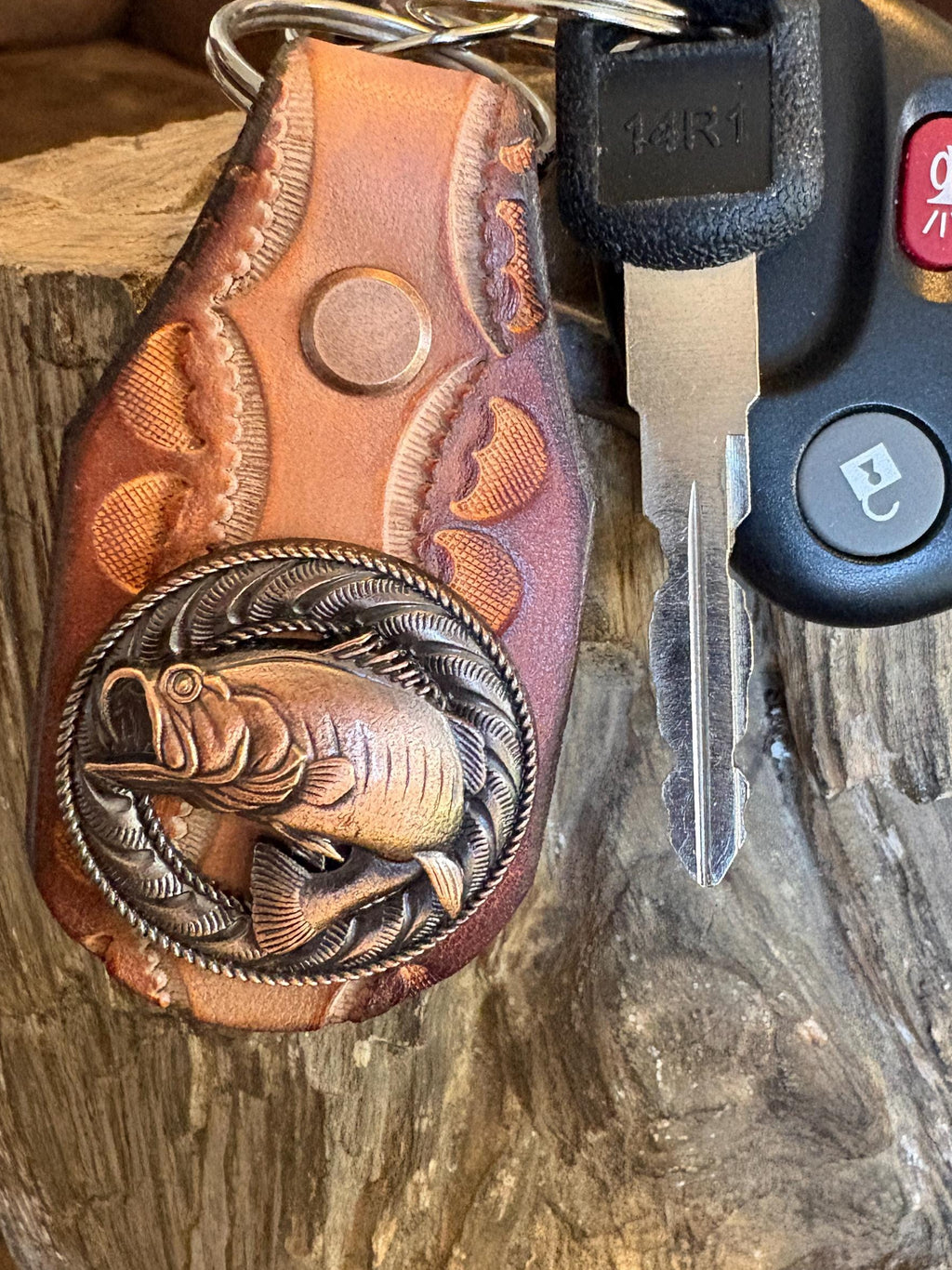 Handmade Brown Leather Fishing Keychain, Large Mouth Bass, Bass Fishing Gift