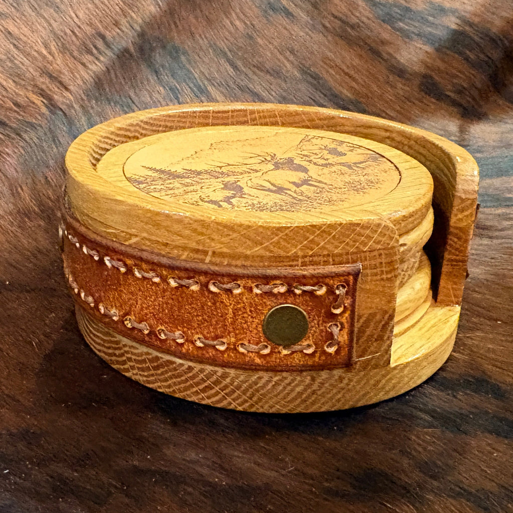 Handmade Rustic Oak & Leather Coaster Set, 4 Piece Set