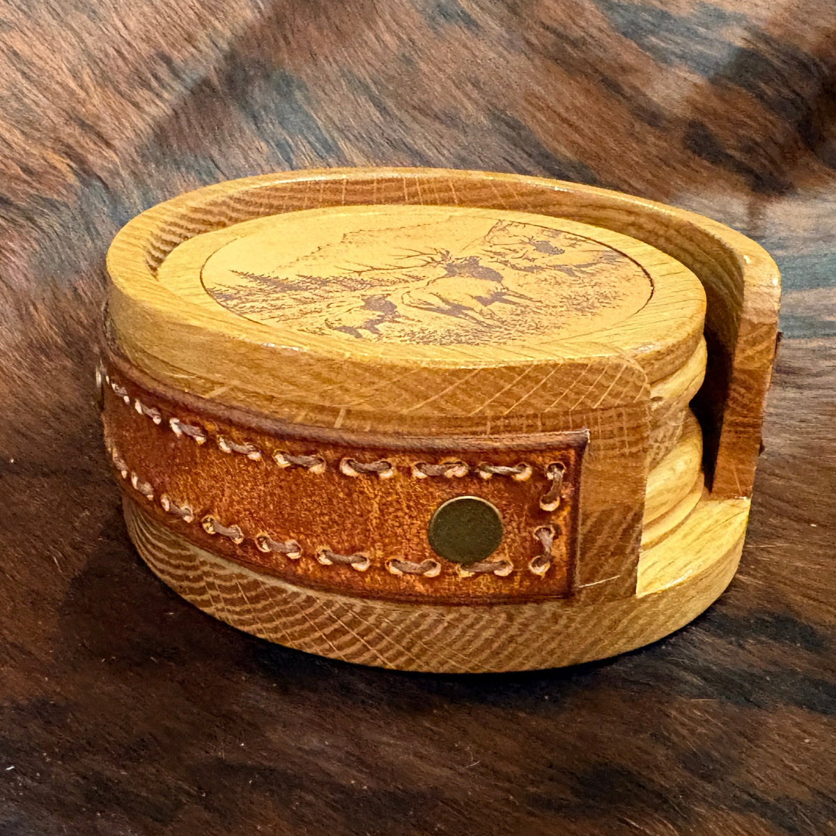 Handmade Rustic Oak & Leather Coaster Set, 4 Piece Set