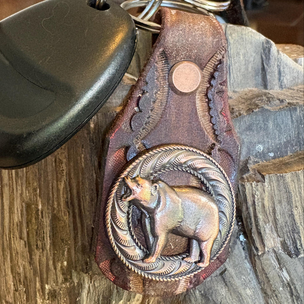 Leather Bear Keychain, Grizzley bear Keychain, Handmade Leather key ring, Bear, Grizzley, Western Style Brown Burgundy