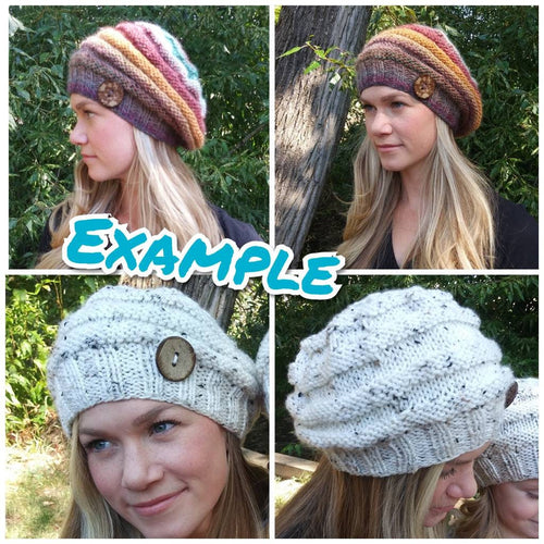 Boho Style Hat, Beret Style Hat, Knit Beret, Slouchy Hat, Multi Colored Hat, Button Hat