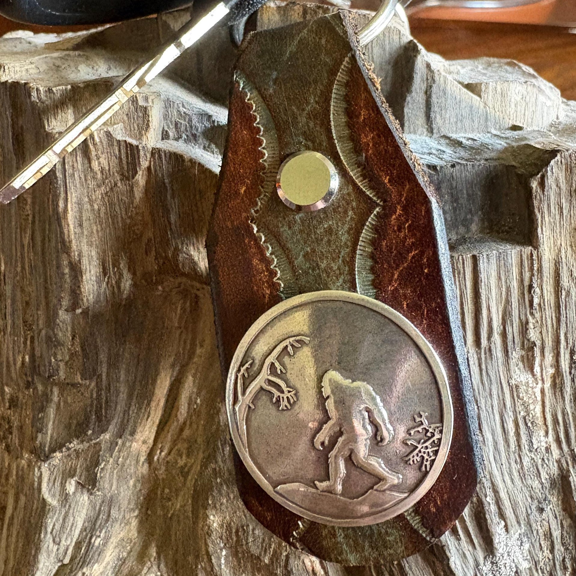 Sasquatch Handmade Leather Keychain: Tooled Bigfoot Accessory Turquoise Brown