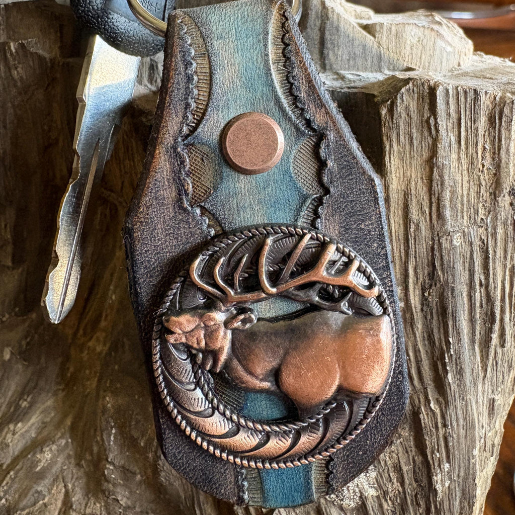 Elk Keychain: Handmade Leather Wildlife Key Fob, Copper Concho, Western Style