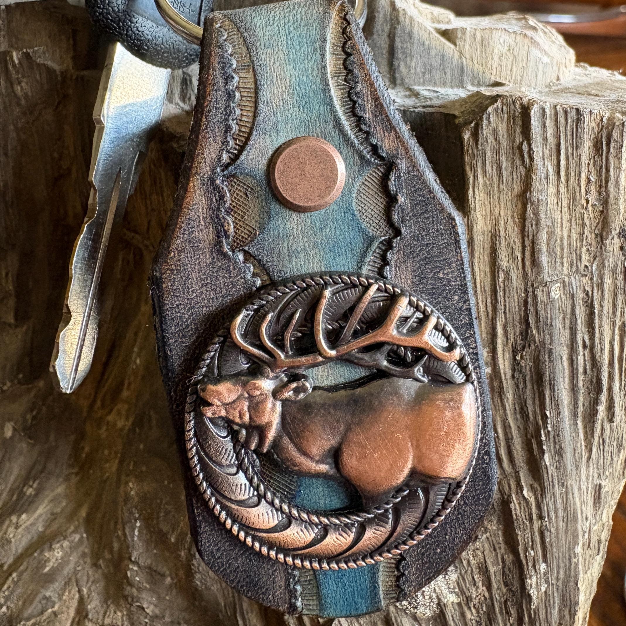 Elk Keychain: Handmade Leather Wildlife Key Fob, Copper Concho, Western Style