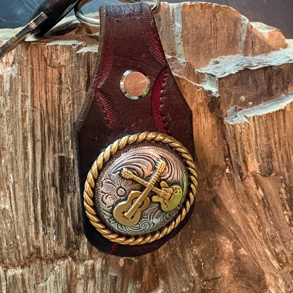 Handmade Tooled Leather Guitar Keychain: Burgundy, Brown, Western Style Fob