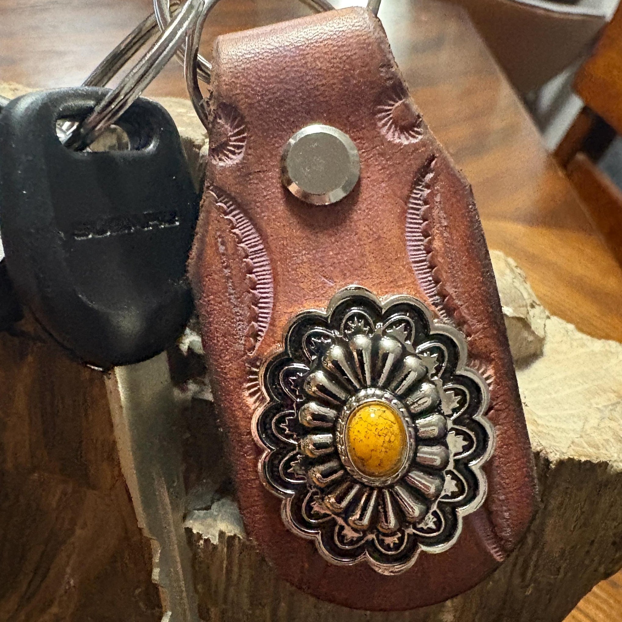 Floral Keychain: Handmade Leather Floral Keychain, Brown and Pink Flower Key Fob