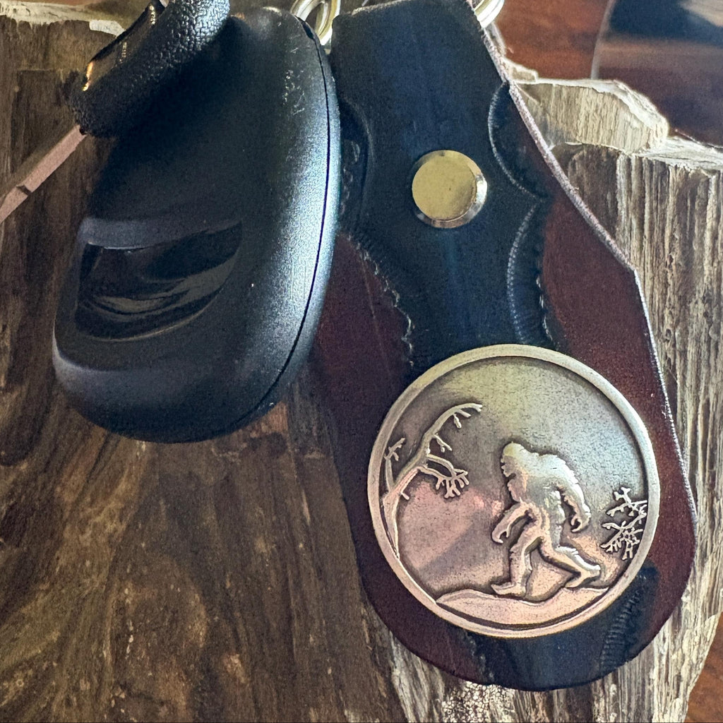 Sasquatch Handmade Leather Keychain: Tooled Bigfoot Accessory Brown and Blue