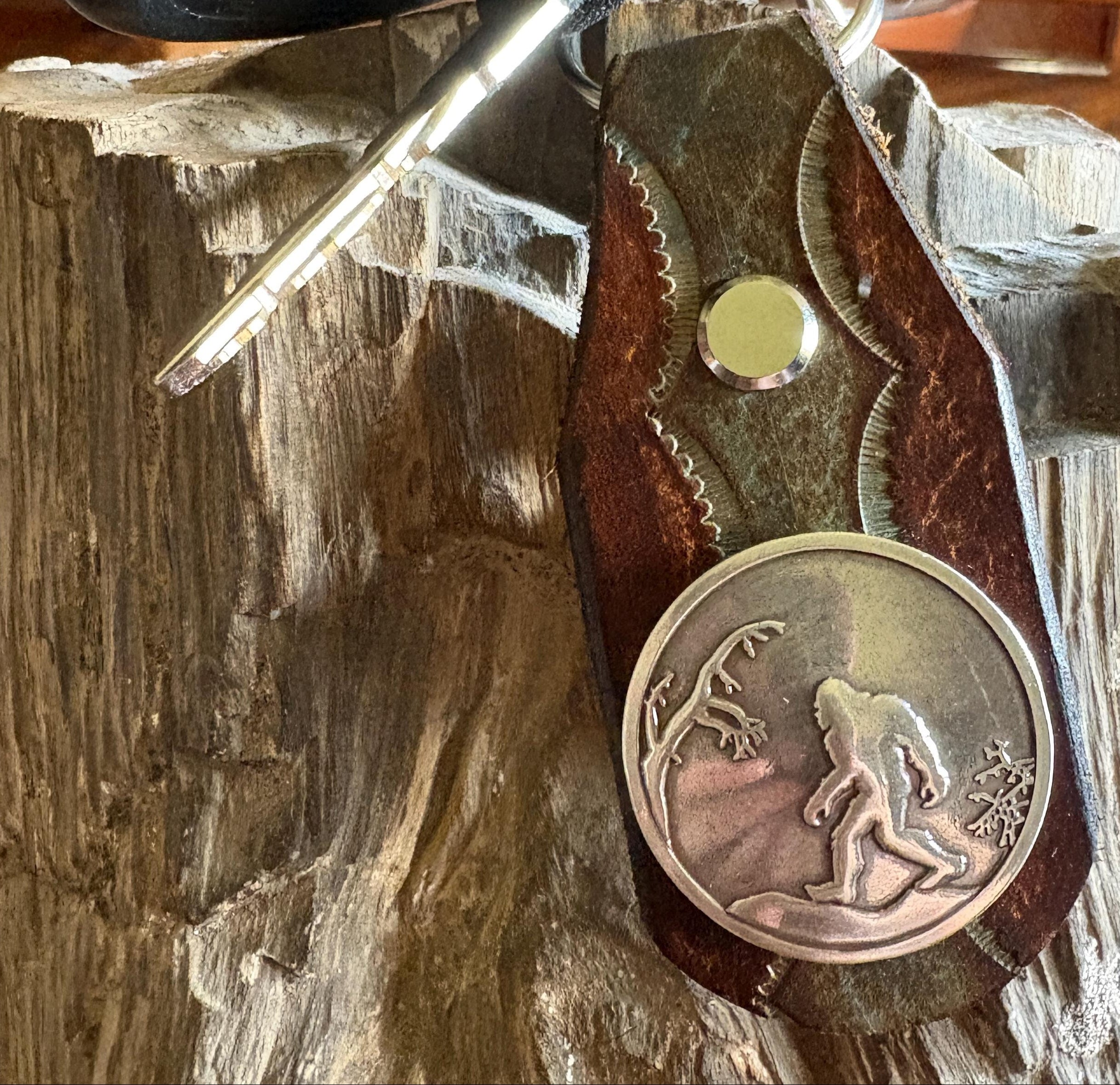 Sasquatch Handmade Leather Keychain: Tooled Bigfoot Accessory Turquoise Brown