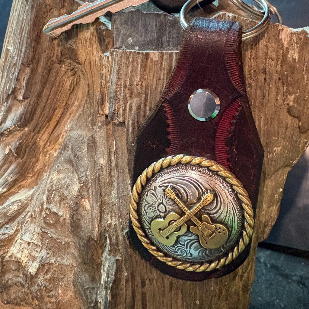Handmade Tooled Leather Guitar Keychain: Burgundy, Brown, Western Style Fob