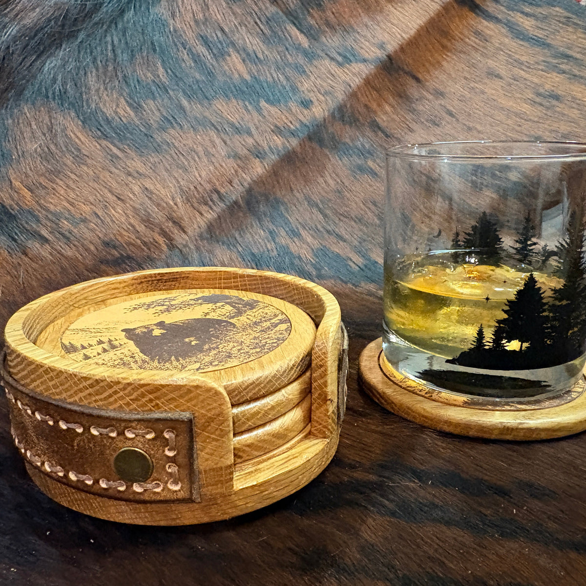 Handmade Rustic Oak & Leather Coaster Set, 4 Pieces