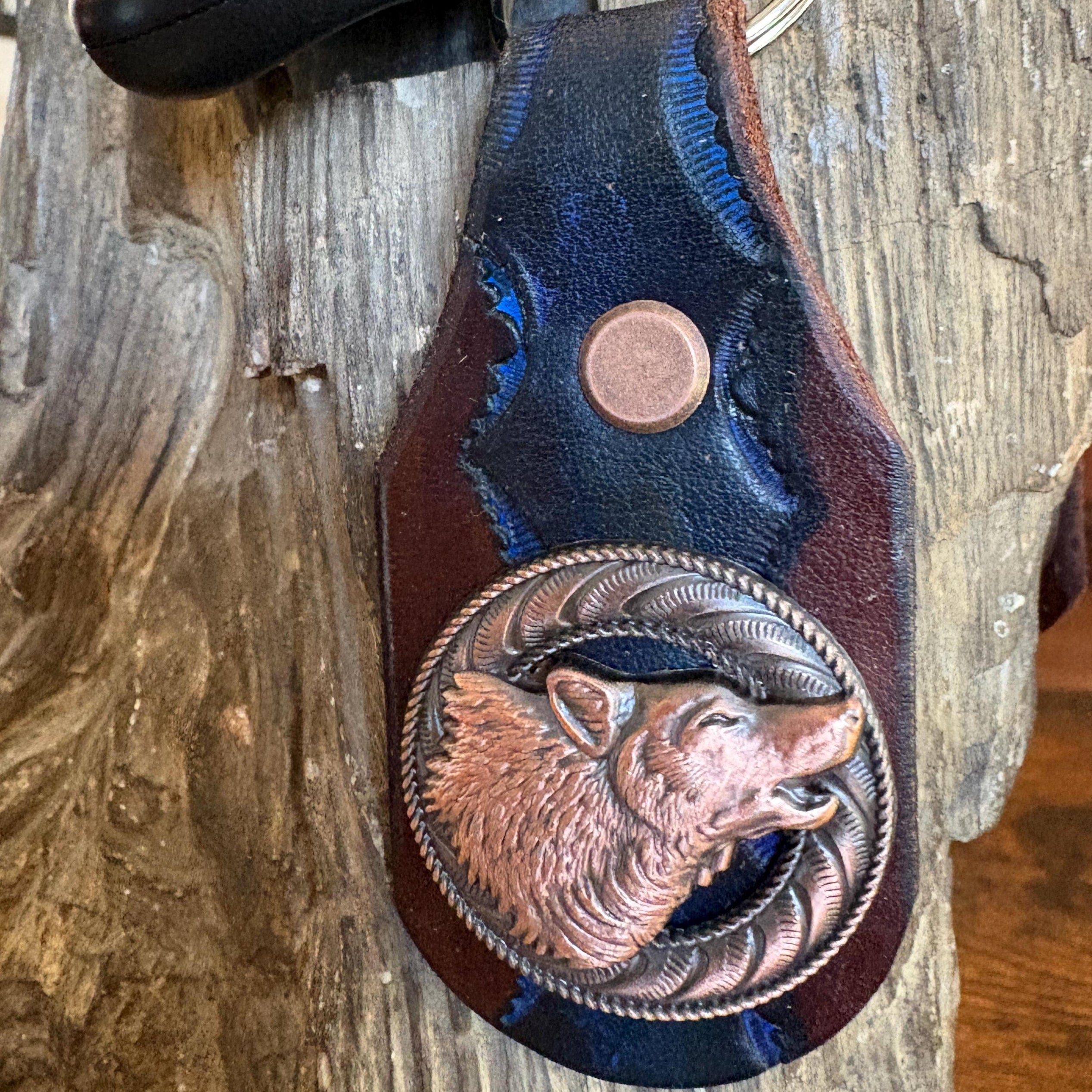 Handmade Leather Keychain, Howling Wolf Concho, Antique Copper Finish, Wildlife Gift