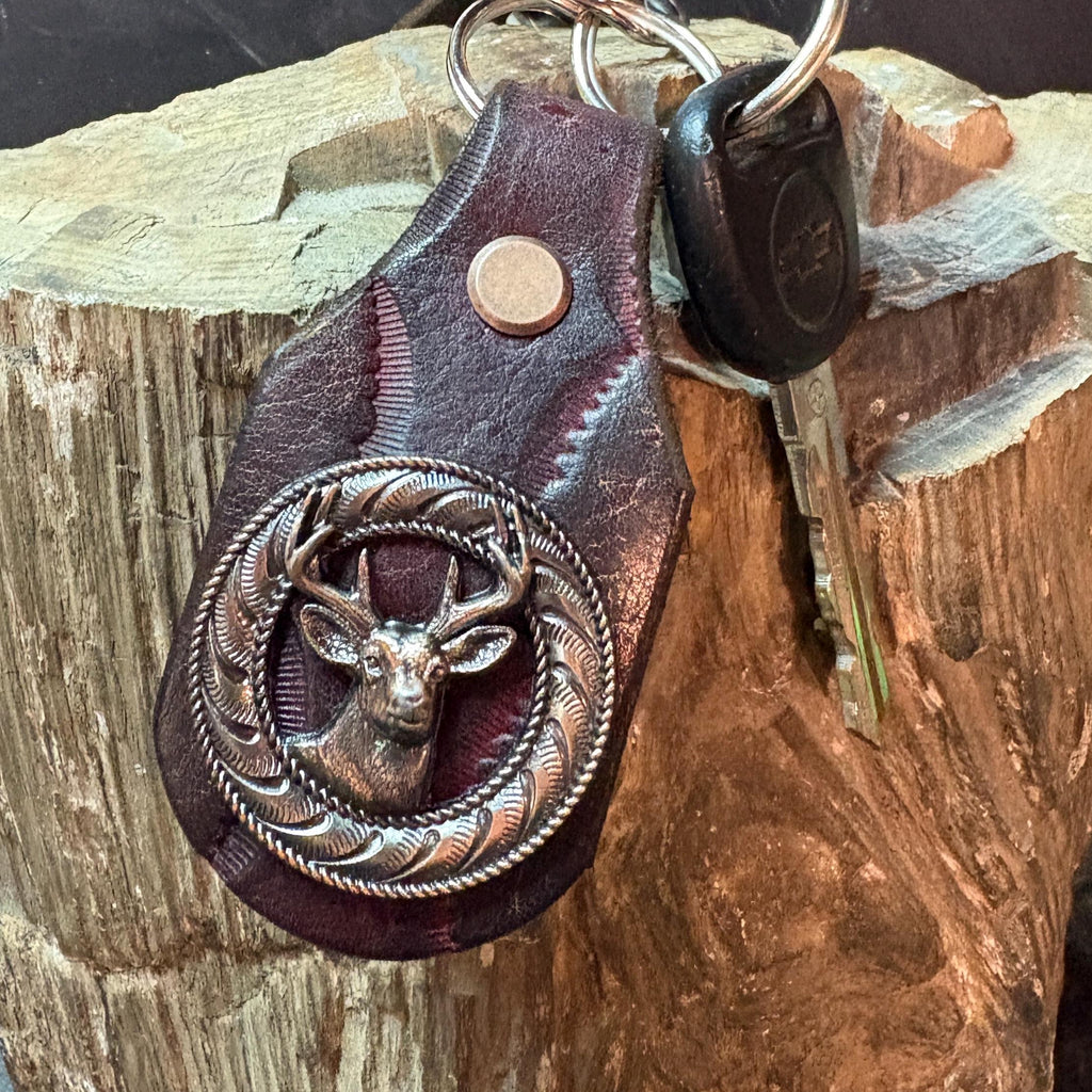 Deer Keychain: Antler, Wildlife, Handmade Leather Hunting Burgundy Brown Western Style Key Fob
