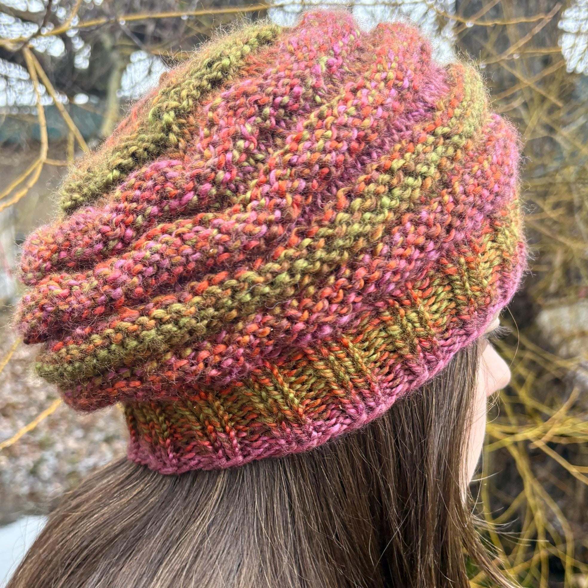 Boho Style Hat, Beret Style Hat, Knit Beret, Slouchy Hat, Multi Colored Hat, Button Hat
