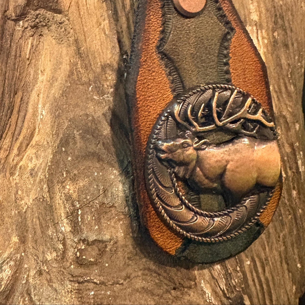 Elk Keychain: Handmade Tooled Leather, Copper Concho, Western Style, Stagg