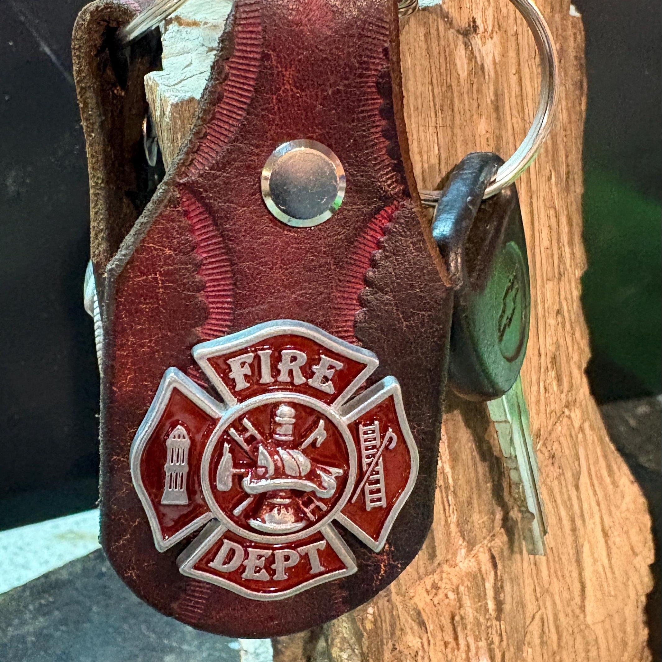 Fire Fighter Keychain: Handmade Leather Fireman Key Fob, First Responder Copper Concho, Western Style