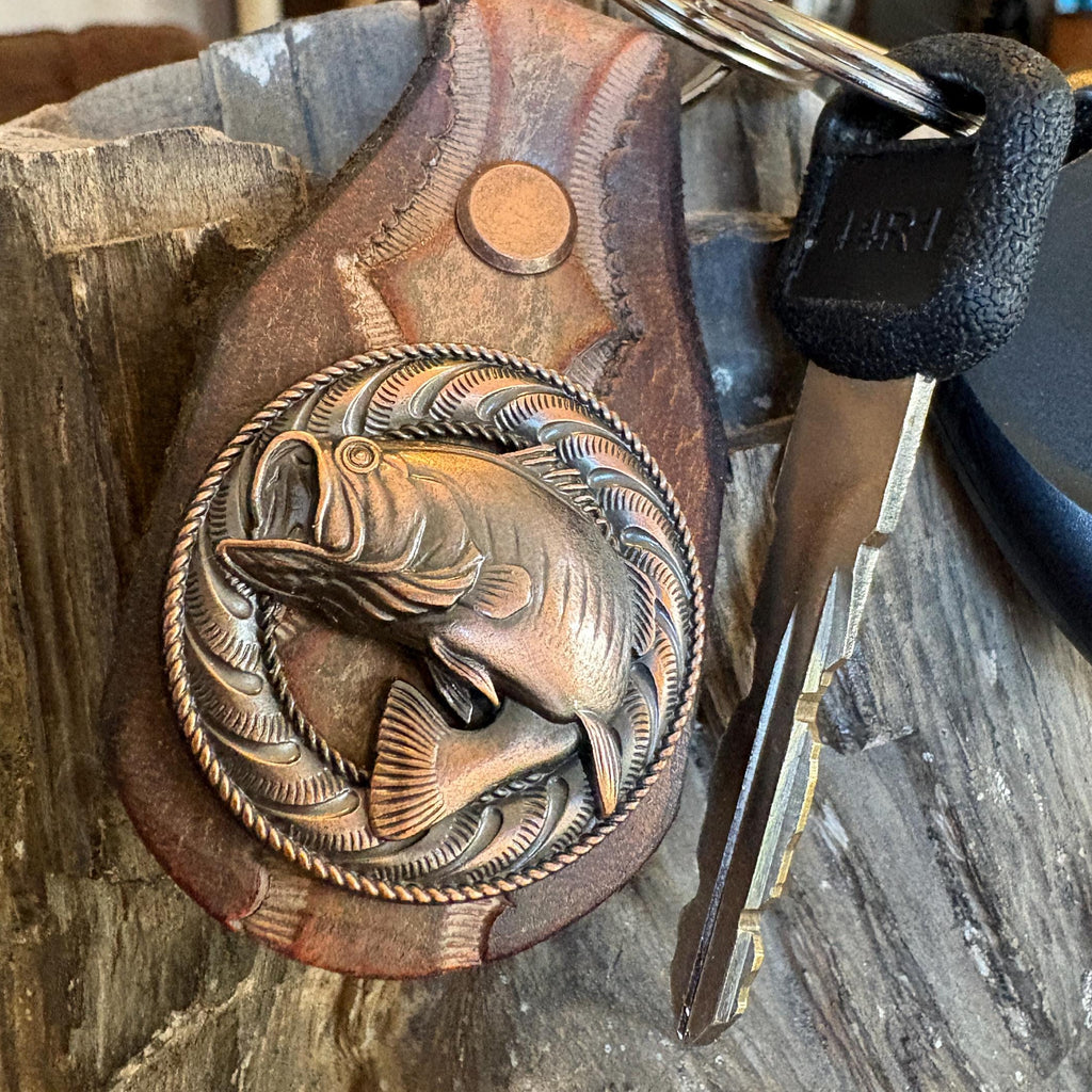 Large Mouth Bass Fishing Keychain, Handmade Leather Key Ring
